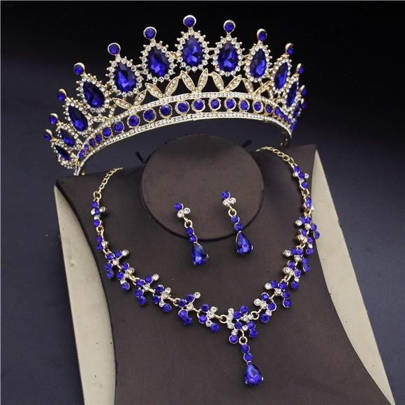 Conjunto Coroa Colar Brinco Noiva Debutante Dourado Azul