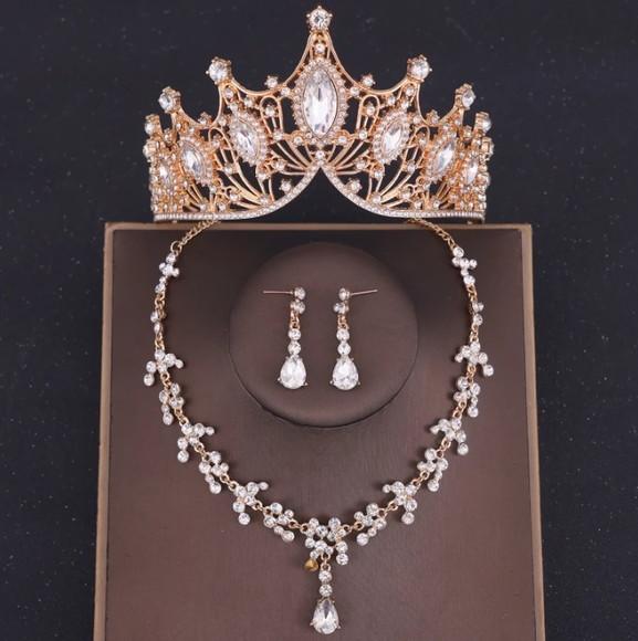 Conjunto Coroa Tiara Colar Brinco Noiva Debutante Dourada