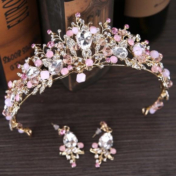Coroa Tiara Noiva Dourada Rosa Leitosa Debutante com Brinco