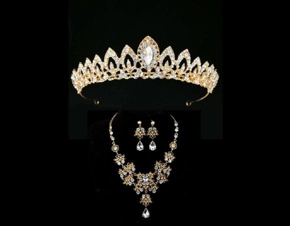 Conjunto Coroa Colar e Brincos Noiva Debutante Miss Dourado