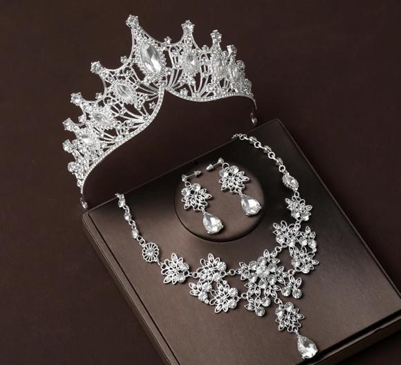 Conjunto Coroa Grande Colar e Brincos Noiva Rainha Luxo