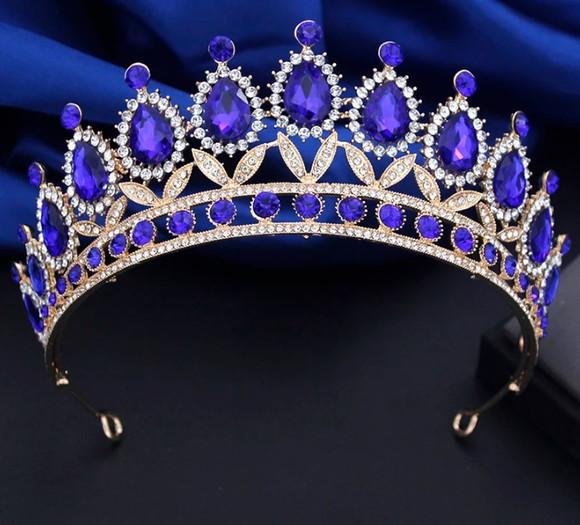 Coroa Cabelo Noiva Casamento Miss Tiara Azul Royal Dourada