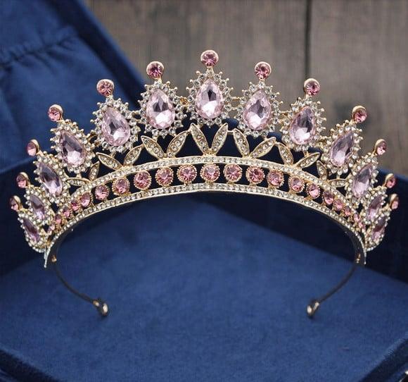 Tiara Coroa Debutante Dourada Cor Rosa Miss Mirim Noiva 040