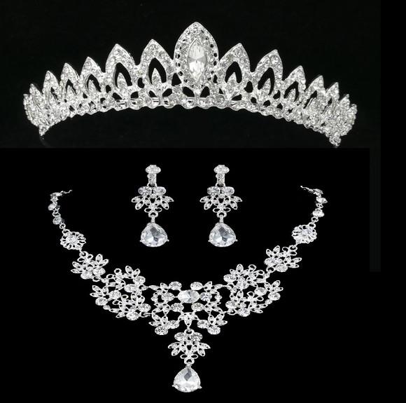 Conjunto Tiara Colar e Brincos Cabelo Noiva Strass Prata 043