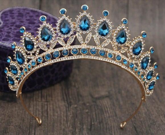 Tiara Coroa Debutante Dourada Cor Azul Miss Mirim Noiva 041
