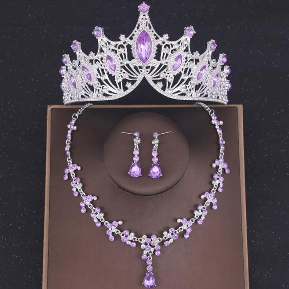 Conjunto Coroa Tiara com Colar Brinco Noiva Miss Prata Lilas