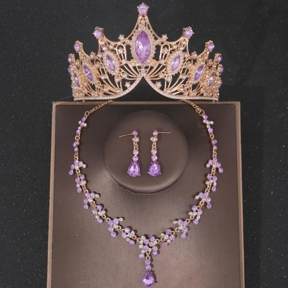 Conjunto Coroa Tiara com Colar Brinco Noiva Debutante Lilas