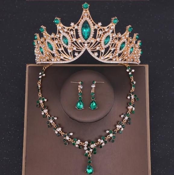 Conjunto Coroa Tiara com Colar Brinco Noiva Debutante Verde