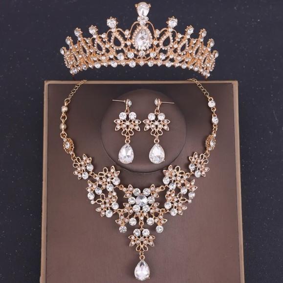 Conjunto Tiara Colar e Brincos Cabelo Noiva Dourada 044