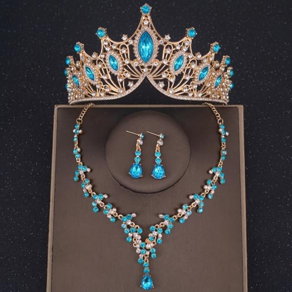 Conjunto Coroa Colar e Brinco 15 Anos Miss Debutante Azul