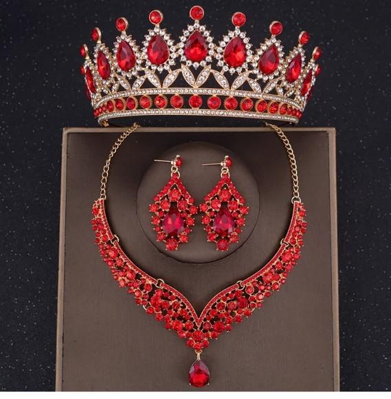 Coroa Colar e Brincos Noiva Dama Miss Festas Vermelho Grande