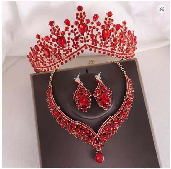 Conjunto Coroa Colar e Brincos Debutante Miss Festa Vermelho