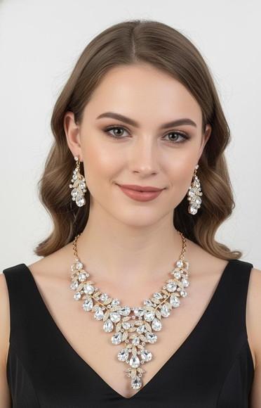 Conjunto Colar e Brincos Luxo Dourado com Pedras Prata
