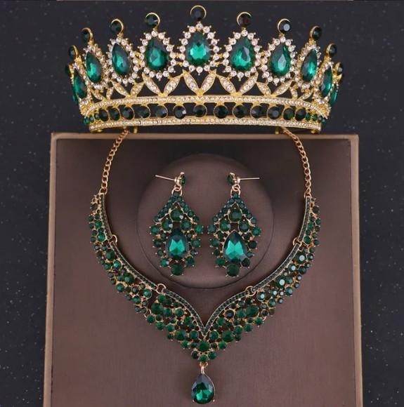 Conjunto Coroa Colar e Brincos Grande Noivas Festas Verde