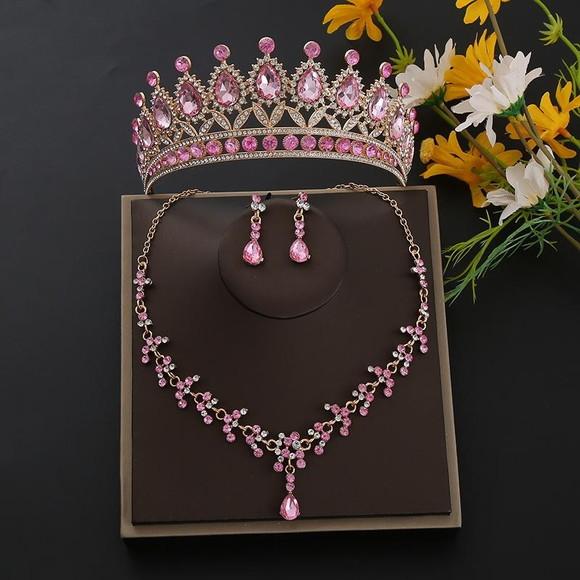 Conjunto Tiara Colar e Brincos Noiva Debutante Grande Rosa
