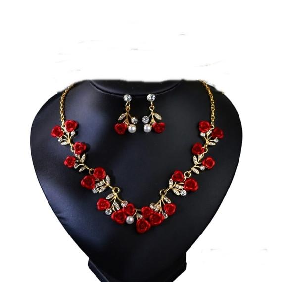 Conjunto Colar Brincos Luxo Noiva Miss Festa Vermelho Flor