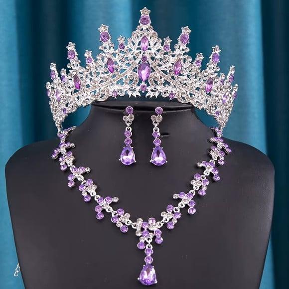 Conjunto Coroa Tiara com Colar Brinco Noiva Miss Prata Lilas