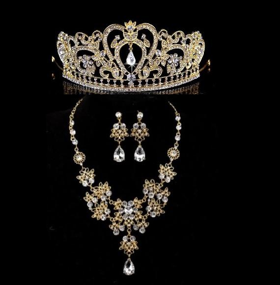 Conjunto Tiara Colar e Brinco Cabelo Noiva Dourado Luxo 051