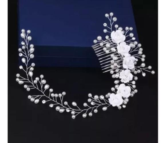 Acessório de Cabelo para Noivas Branco com Prata Flores