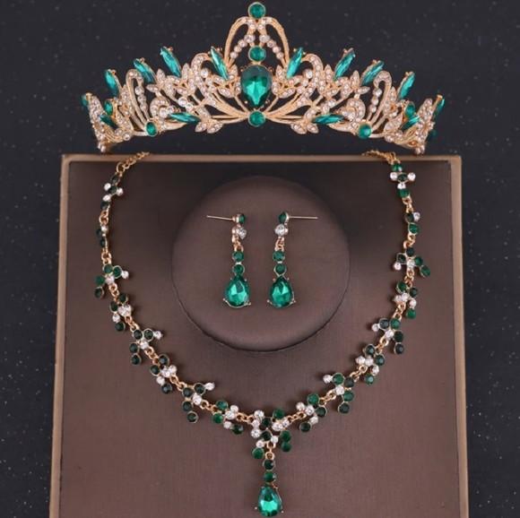 Kit Coroa Tiara com Colar Brinco Noiva Miss Debutante Verde