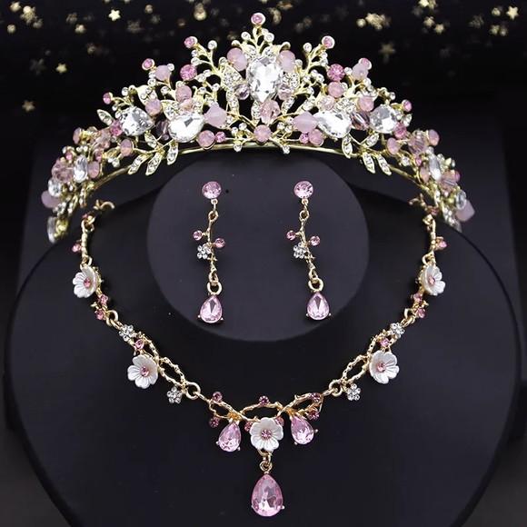 Conjunto Tiara Noiva Dourada Rosa Leitosa Colar e Brincos