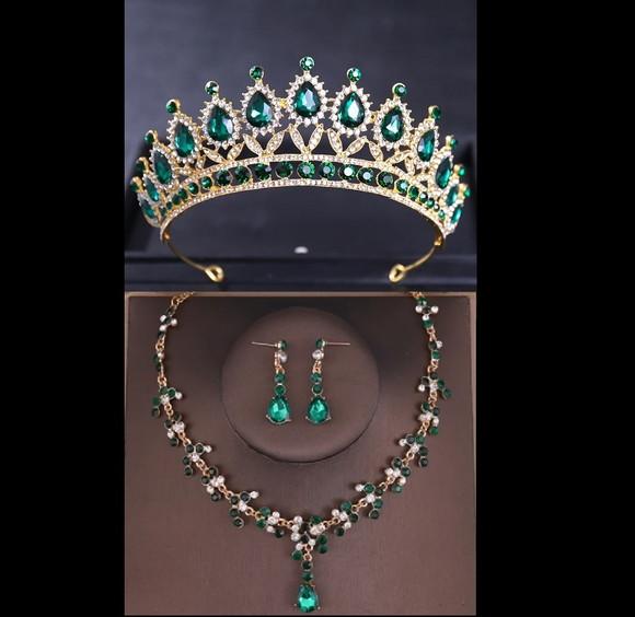 Conjunto Coroa Tiara Colar Brinco Noiva Debutante Miss Verde