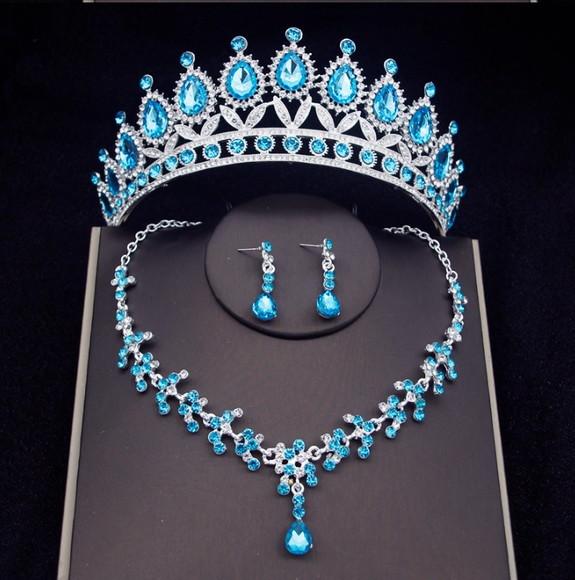 Tiara Colar Brinco Noiva Debutante Casamento Prata Azul