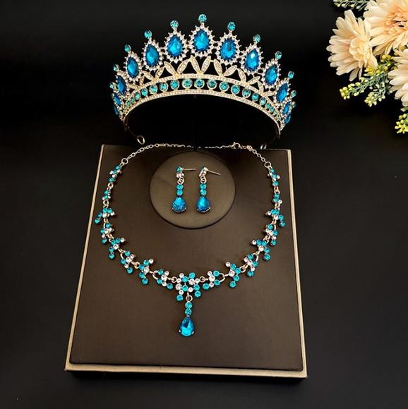 Tiara Colar Brinco Noiva Debutante Casamento Dourada Azul