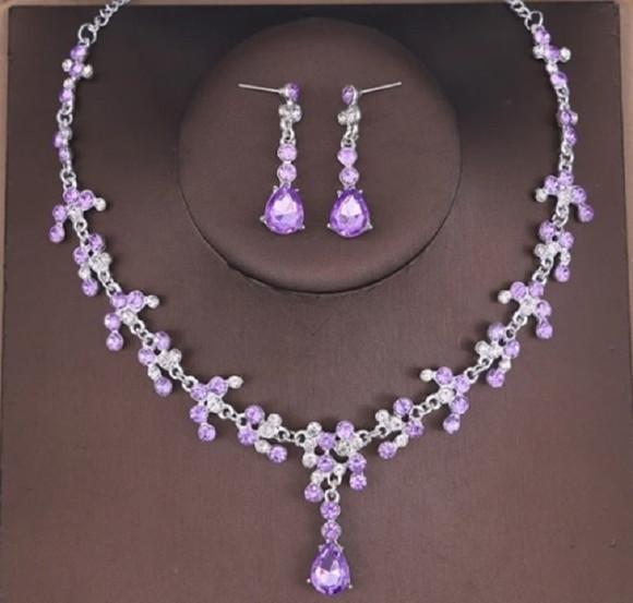 Conjunto Colar e Brincos Lilas com Prata Miss Dama 15 Anos