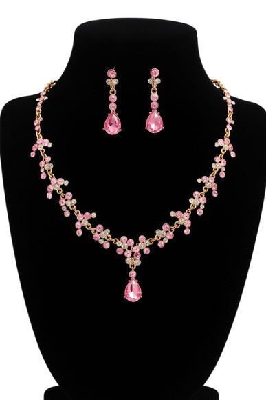 Conjunto Colar e Brincos Rosa com Dourado Miss Dama 15 Anos