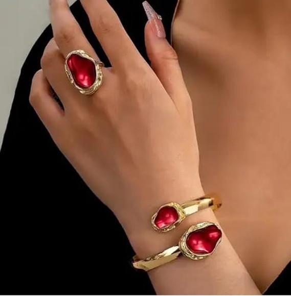Conjunto Pulseira Bracelete Anel Dourado Vermelho Madame