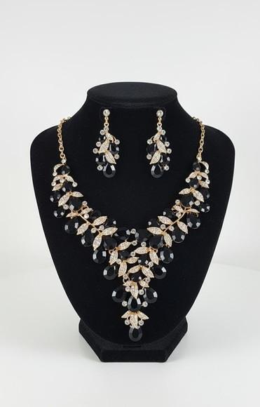 Conjunto Colar e Brincos Luxo Dourado com Pedras Preta
