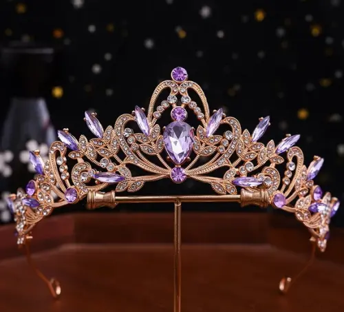 Tiara Coroa de Noiva Casamento Miss Debutante Dourado Lilas