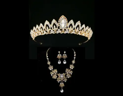 Conjunto Coroa Colar e Brincos Noiva Debutante Miss Dourado