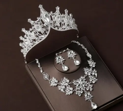 Conjunto Coroa Grande Colar e Brincos Noiva Rainha Luxo
