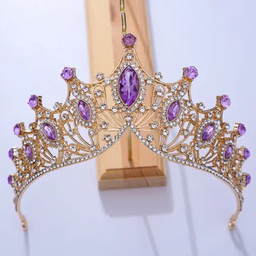 Coroa Tiara de Noiva Casamento Miss Debutante Dourado Lilas