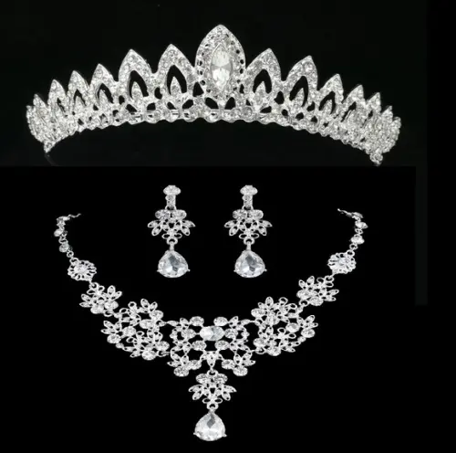 Conjunto Tiara Colar e Brincos Cabelo Noiva Strass Prata 043
