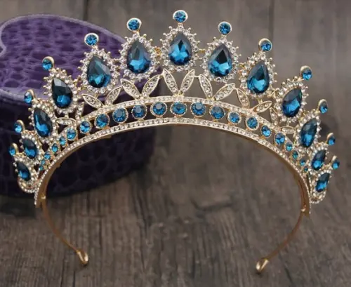 Tiara Coroa Debutante Dourada Cor Azul Miss Mirim Noiva 041
