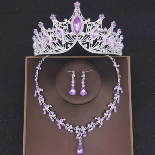 Conjunto Coroa Tiara com Colar Brinco Noiva Miss Prata Lilas