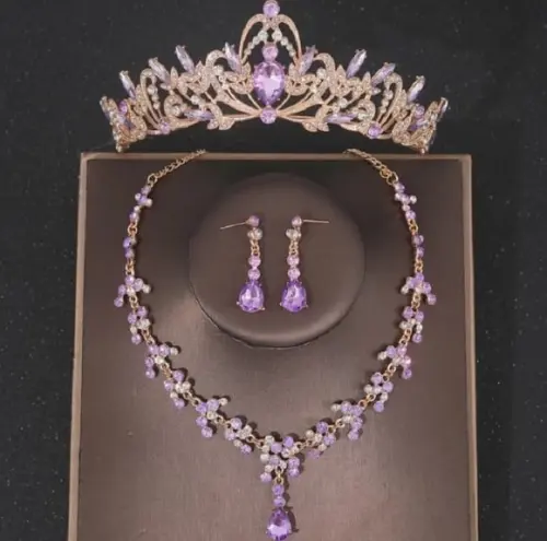 Conjunto Coroa Colar Brinco Noiva Debutante Dourado Lilas