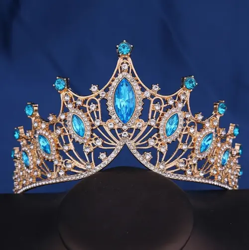 Coroa de Noiva Festa Princesa Miss Debutante Azul Dourado