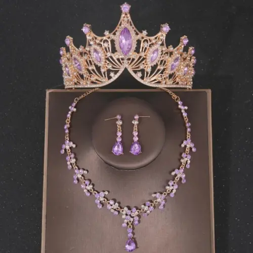 Conjunto Coroa Tiara com Colar Brinco Noiva Debutante Lilas
