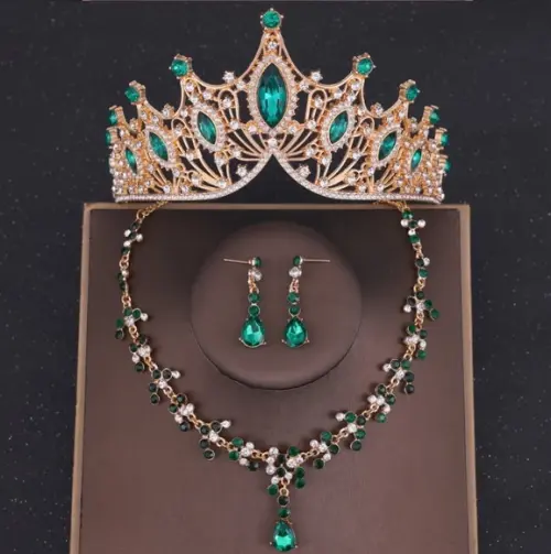 Conjunto Coroa Tiara com Colar Brinco Noiva Debutante Verde