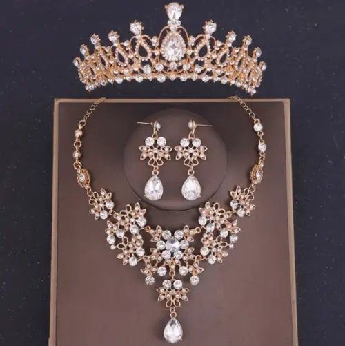Conjunto Tiara Colar e Brincos Cabelo Noiva Dourada 044