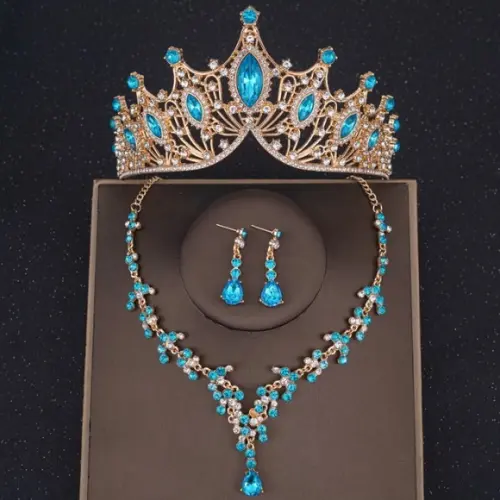Conjunto Coroa Colar e Brinco 15 Anos Miss Debutante Azul