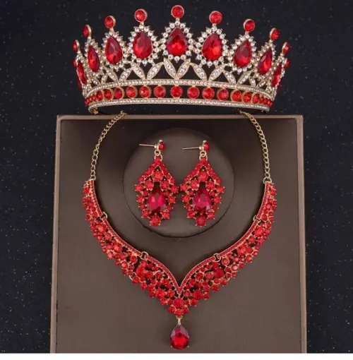 Coroa Colar e Brincos Noiva Dama Miss Festas Vermelho Grande