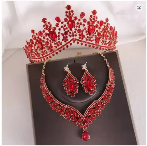 Conjunto Coroa Colar e Brincos Debutante Miss Festa Vermelho