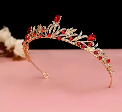 Coroa Tiara Vermelho com Dourado em Aço Debutantes Religioso