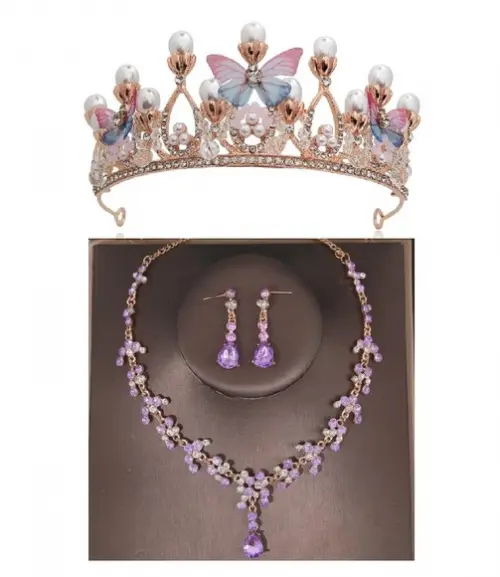 Coroa Colar e Brincos Borboletas Debutante Florista Miss