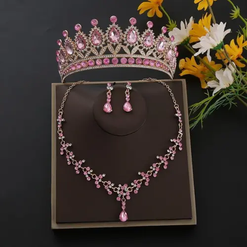 Conjunto Tiara Colar e Brincos Noiva Debutante Grande Rosa